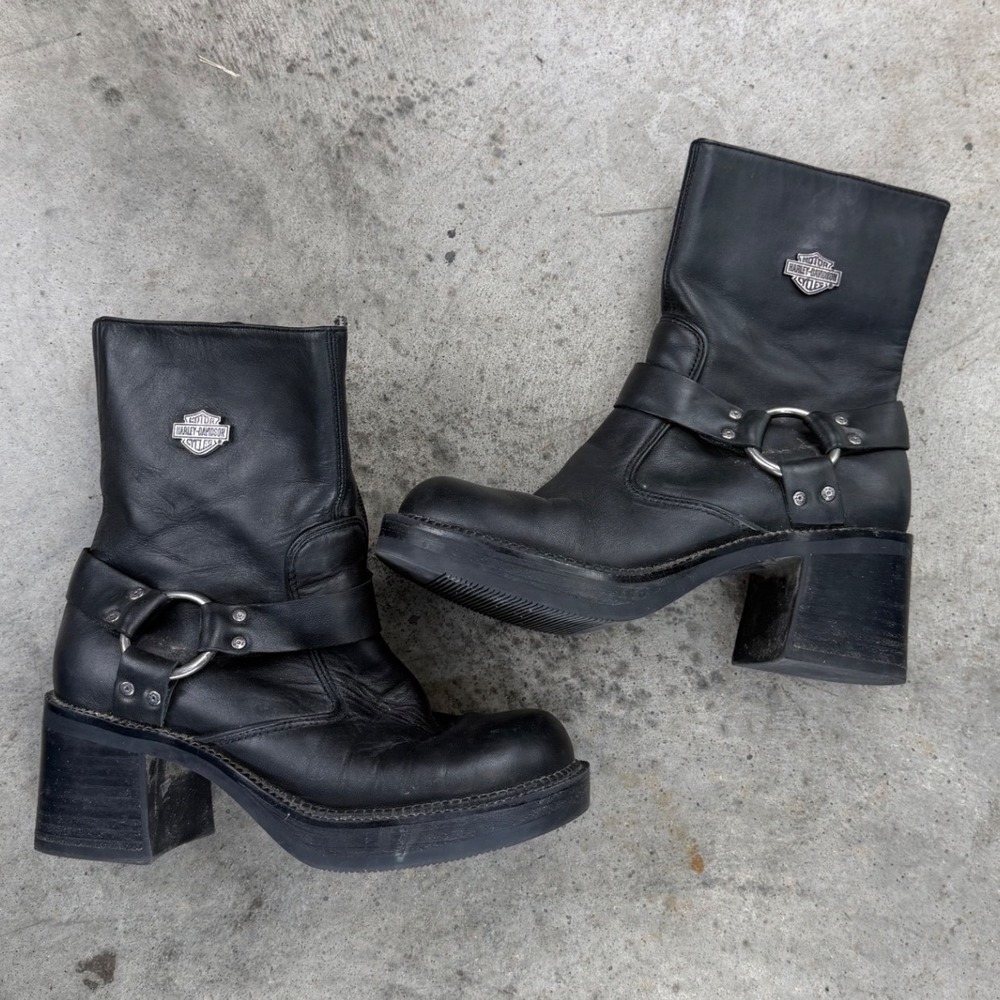 Vintage Harley-Davidson Women Black Leather Harness Boots Chunky Heel Size 5 US